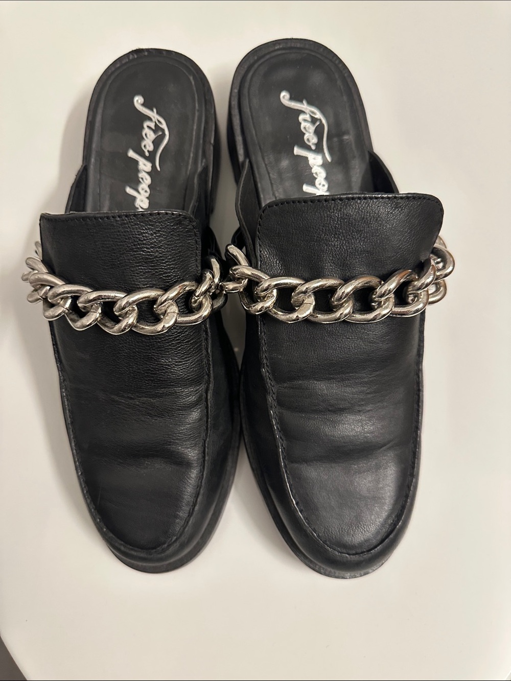 Free People Black Leather Chain Slip-Ons